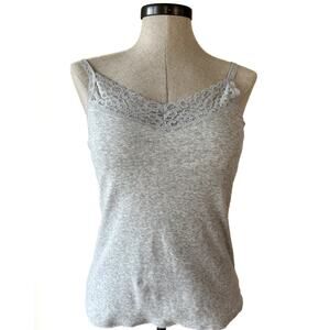 Y2K Nautica Gray Lace Trim Cami Ribbed Cotton Tank Top Soft Girl Minimalist